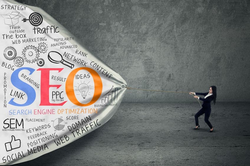 Businesswoman pulling SEO banner increase SEO rankings lead generation and website traffic
