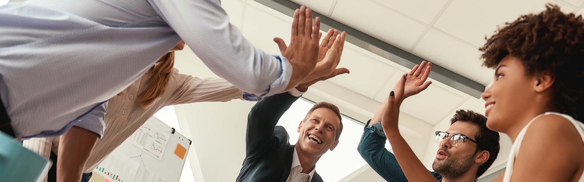 Business people giving high-five and smiling-2000 Logistics and transportation marketing meeting revenue generation and results celebration.