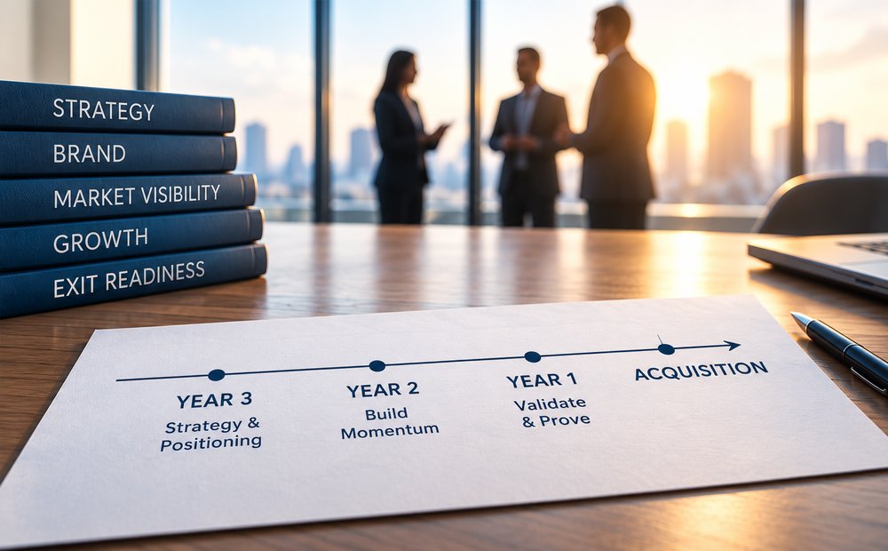Exit readiness timeline showing a 3-year strategy leading to acquisition